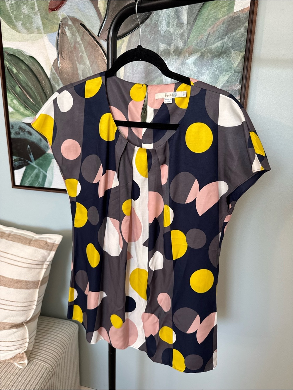 Boden Navy Blouse with Yellow & Pink Polka Dots